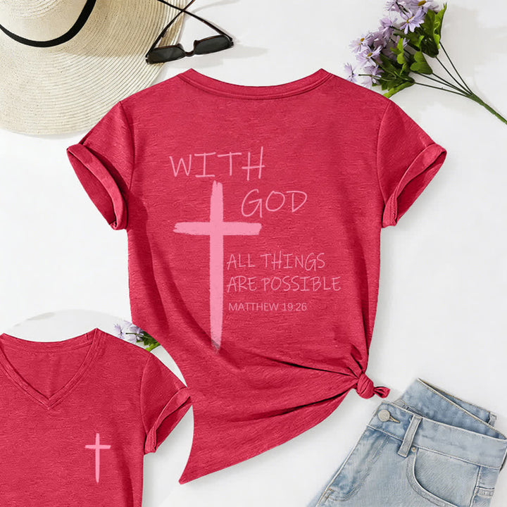 Christianartworkshop Camiseta informal con cuello en V y estampado de doble cara con la cruz "Con Dios todo es posible" (Mateo 19:26). - Rojo - 2XL - image 35