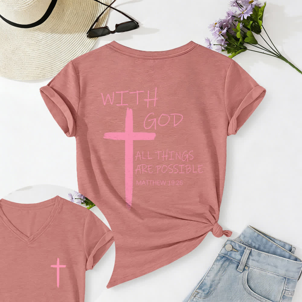 Christianartworkshop Camiseta informal con cuello en V y estampado de doble cara con la cruz "Con Dios todo es posible" (Mateo 19:26). - rosa claro - 2XL - image 45