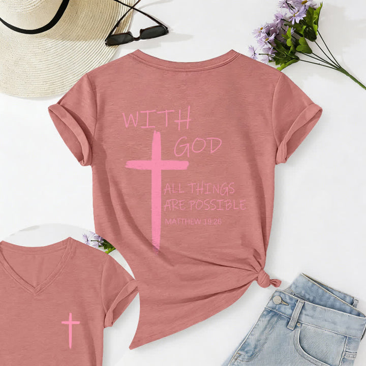 Christianartworkshop Camiseta informal con cuello en V y estampado de doble cara con la cruz "Con Dios todo es posible" (Mateo 19:26). - rosa claro - 2XL - image 45