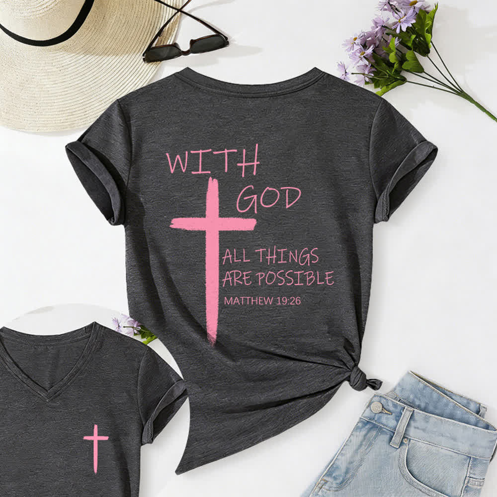 Christianartworkshop Camiseta informal con cuello en V y estampado de doble cara con la cruz "Con Dios todo es posible" (Mateo 19:26). - Gris oscuro - 2XL - image 15