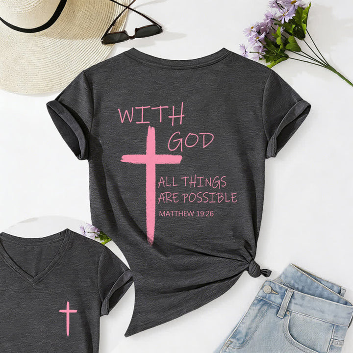 Christianartworkshop Camiseta informal con cuello en V y estampado de doble cara con la cruz "Con Dios todo es posible" (Mateo 19:26). - Gris oscuro - 2XL - image 15