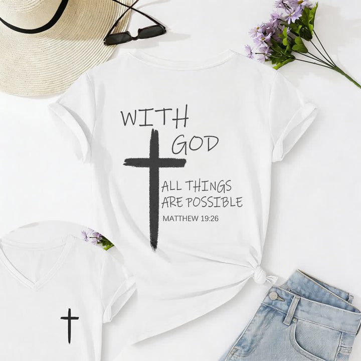 Christianartworkshop Camiseta informal con cuello en V y estampado de doble cara con la cruz "Con Dios todo es posible" (Mateo 19:26). - Blanco - 2XL - image 10