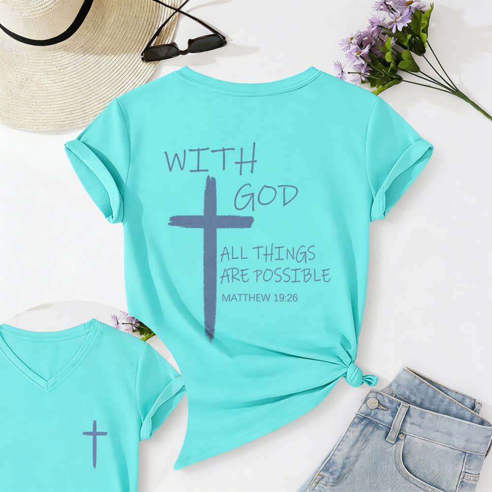 Christianartworkshop Camiseta informal con cuello en V y estampado de doble cara con la cruz "Con Dios todo es posible" (Mateo 19:26). - Azul cielo - 2XL - image 50