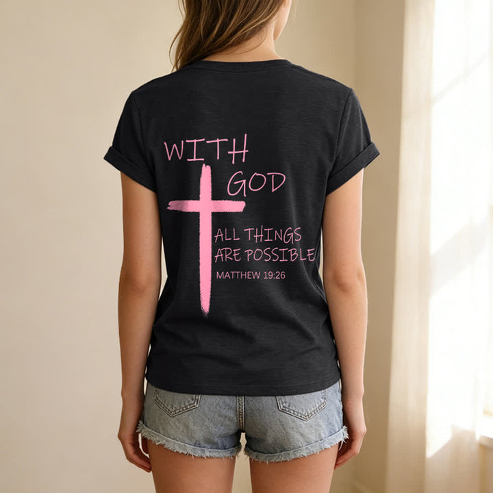 Christianartworkshop Camiseta informal con cuello en V y estampado de doble cara con la cruz "Con Dios todo es posible" (Mateo 19:26). - image 33