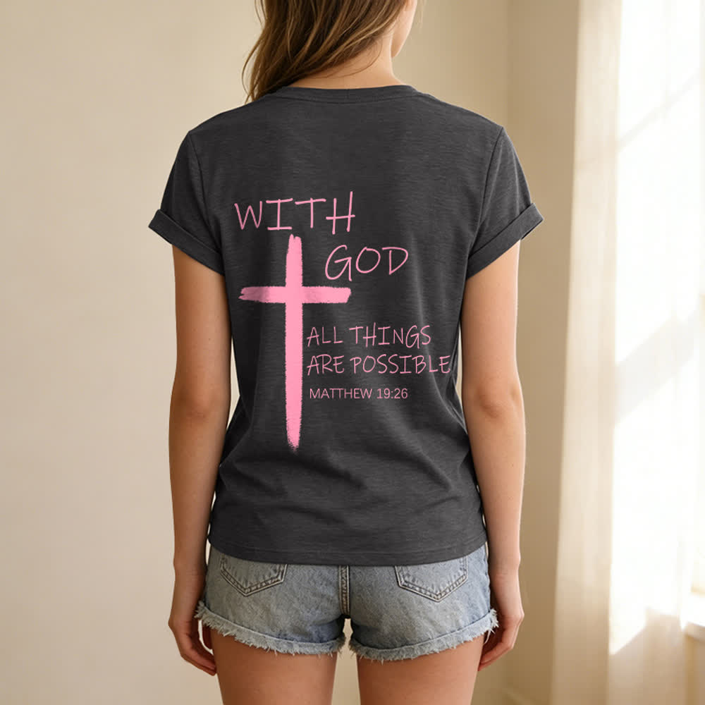Christianartworkshop Camiseta informal con cuello en V y estampado de doble cara con la cruz "Con Dios todo es posible" (Mateo 19:26). - image 18