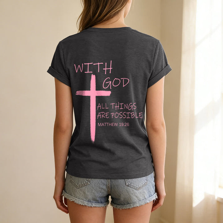 Christianartworkshop Camiseta informal con cuello en V y estampado de doble cara con la cruz "Con Dios todo es posible" (Mateo 19:26). - image 18