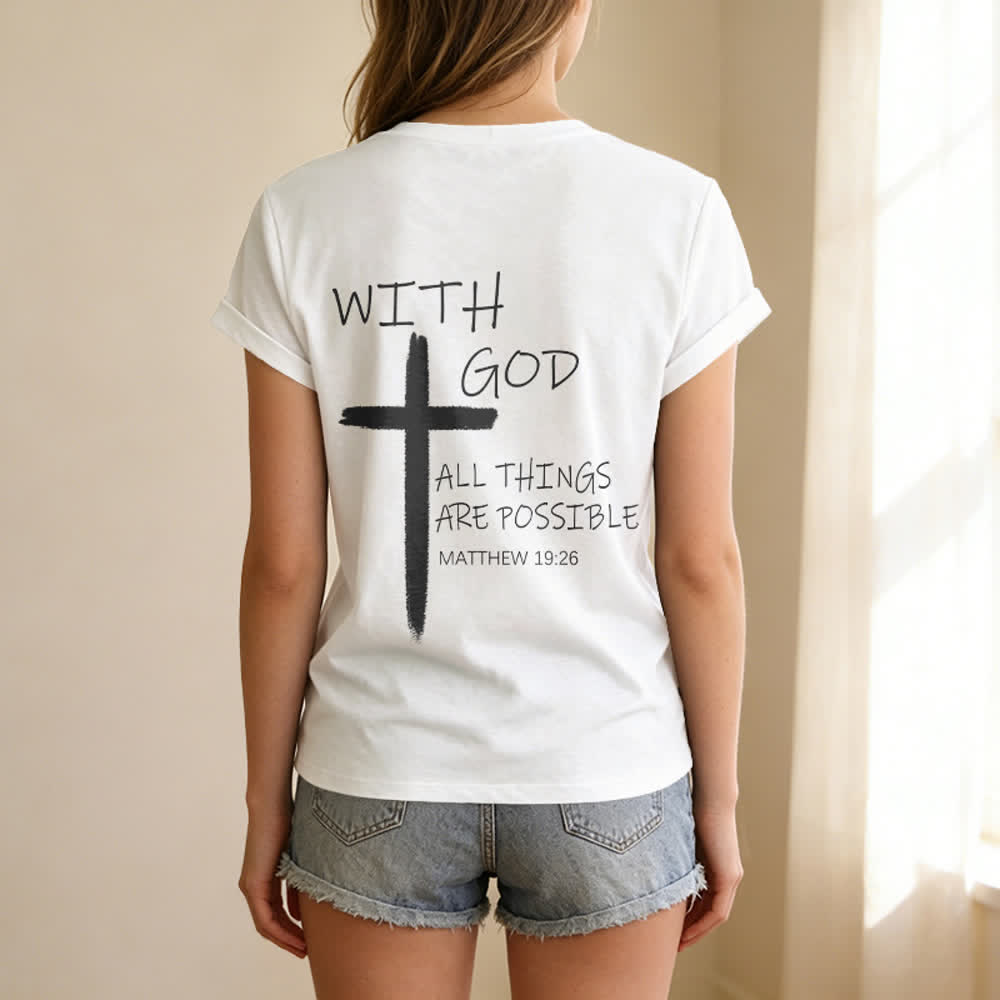 Christianartworkshop Camiseta informal con cuello en V y estampado de doble cara con la cruz "Con Dios todo es posible" (Mateo 19:26). - image 13