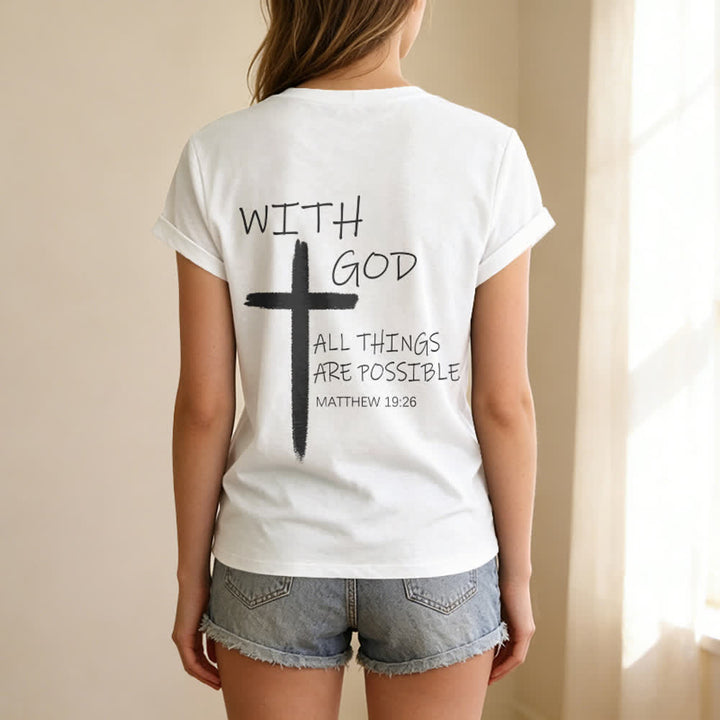 Christianartworkshop Camiseta informal con cuello en V y estampado de doble cara con la cruz "Con Dios todo es posible" (Mateo 19:26). - image 13
