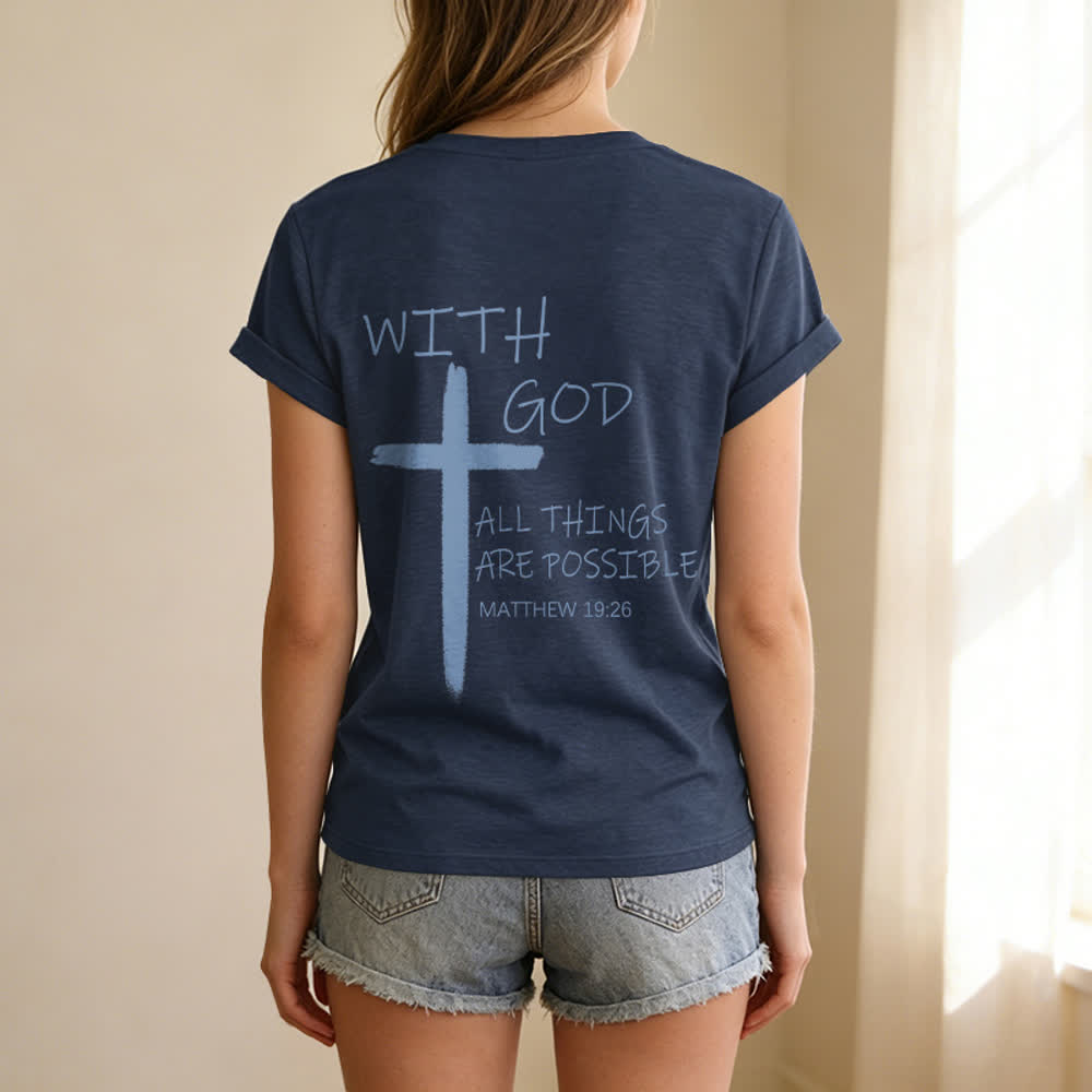 Christianartworkshop Camiseta informal con cuello en V y estampado de doble cara con la cruz "Con Dios todo es posible" (Mateo 19:26). - image 3