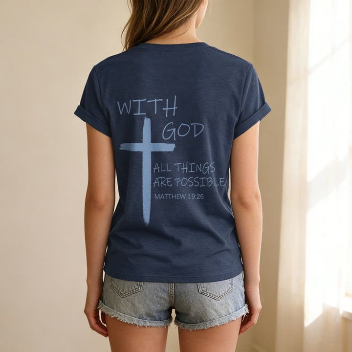 Christianartworkshop Camiseta informal con cuello en V y estampado de doble cara con la cruz "Con Dios todo es posible" (Mateo 19:26). - image 3