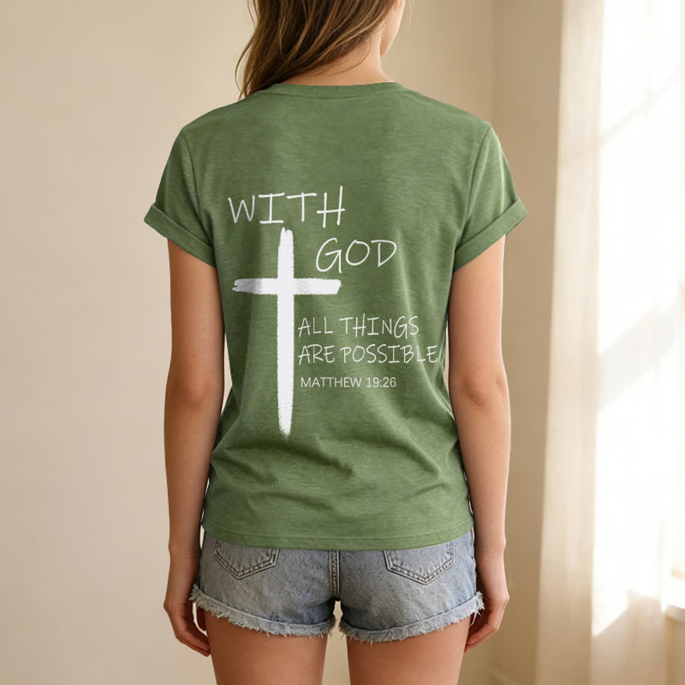 Christianartworkshop Camiseta informal con cuello en V y estampado de doble cara con la cruz "Con Dios todo es posible" (Mateo 19:26). - image 23