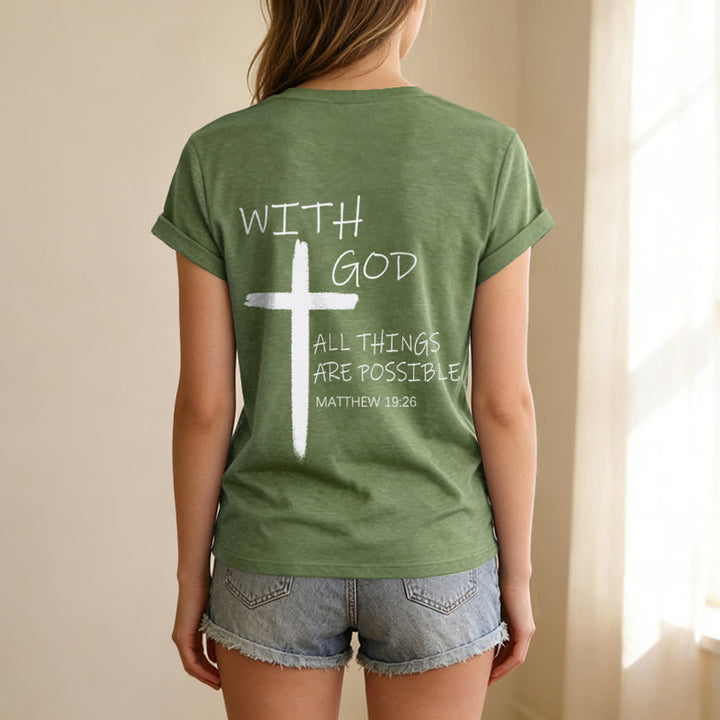 Christianartworkshop Camiseta informal con cuello en V y estampado de doble cara con la cruz "Con Dios todo es posible" (Mateo 19:26). - image 23