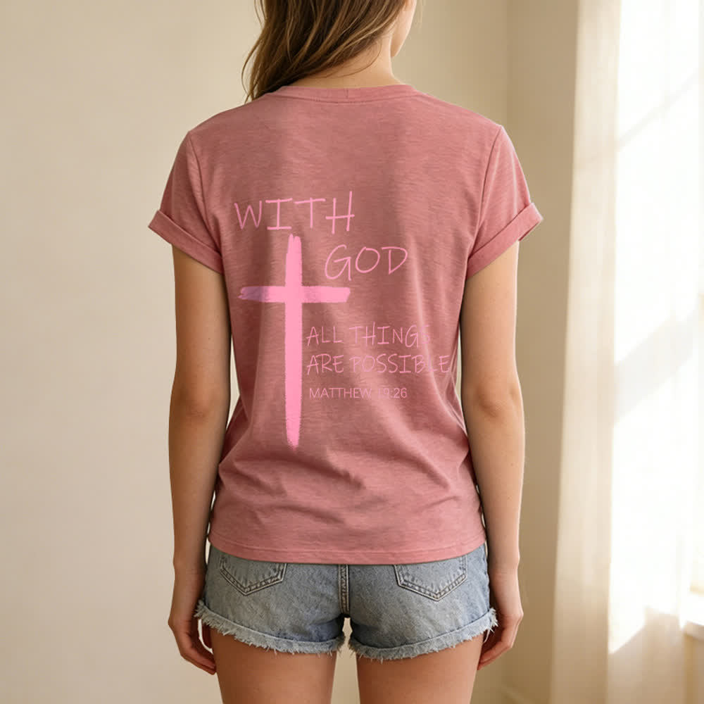 Christianartworkshop Camiseta informal con cuello en V y estampado de doble cara con la cruz "Con Dios todo es posible" (Mateo 19:26). - image 48