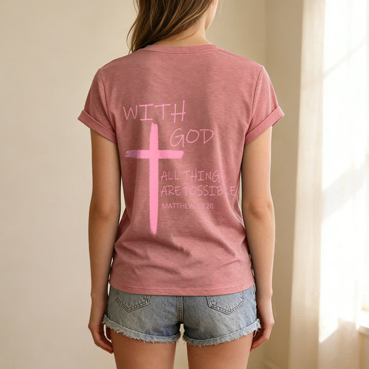 Christianartworkshop Camiseta informal con cuello en V y estampado de doble cara con la cruz "Con Dios todo es posible" (Mateo 19:26). - image 48