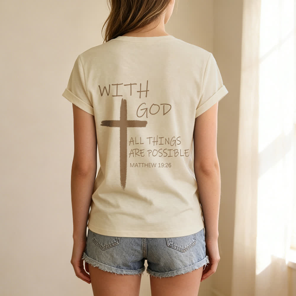 Christianartworkshop Camiseta informal con cuello en V y estampado de doble cara con la cruz "Con Dios todo es posible" (Mateo 19:26). - image 8