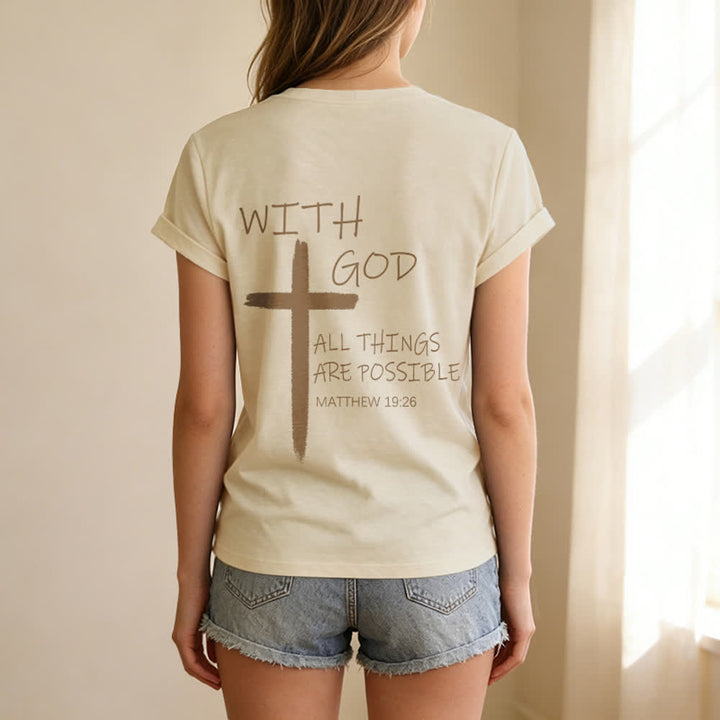 Christianartworkshop Camiseta informal con cuello en V y estampado de doble cara con la cruz "Con Dios todo es posible" (Mateo 19:26). - image 8