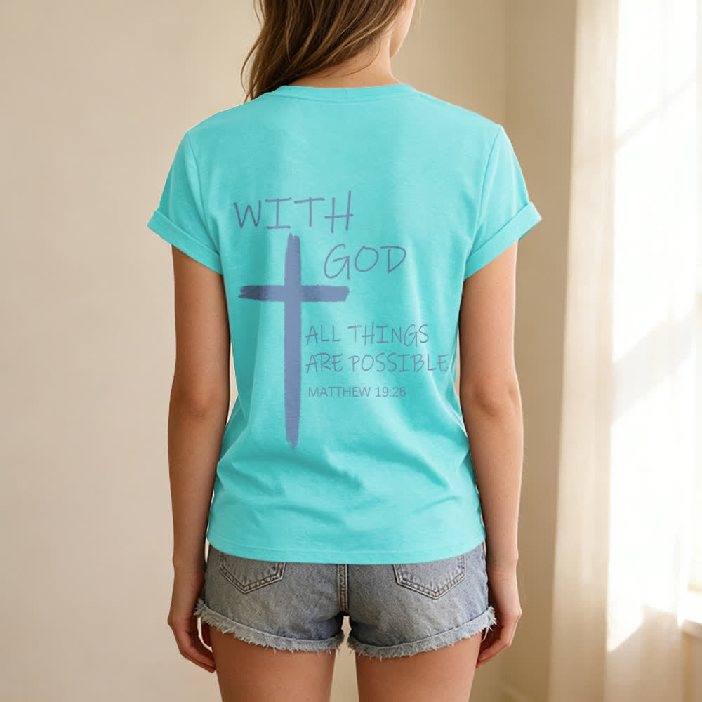 Christianartworkshop Camiseta informal con cuello en V y estampado de doble cara con la cruz "Con Dios todo es posible" (Mateo 19:26). - image 53