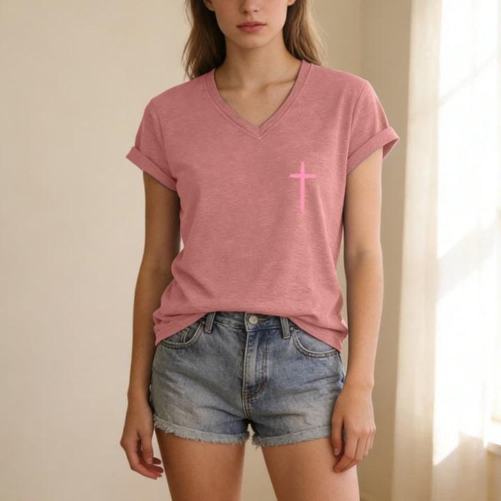 Christianartworkshop Camiseta informal con cuello en V y estampado de doble cara con la cruz "Con Dios todo es posible" (Mateo 19:26). - image 49