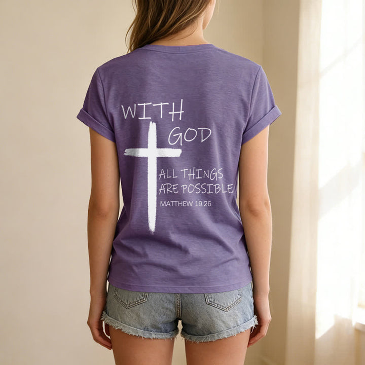 Christianartworkshop Camiseta informal con cuello en V y estampado de doble cara con la cruz "Con Dios todo es posible" (Mateo 19:26). - image 43