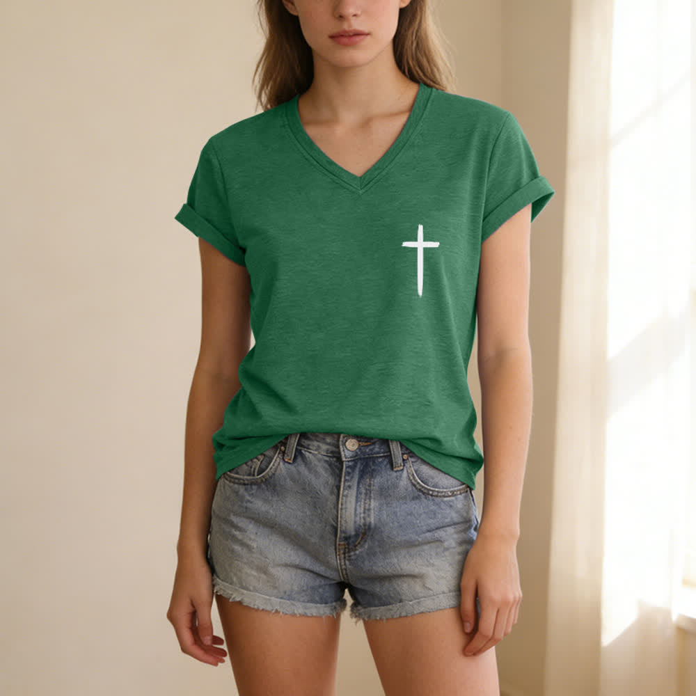 Christianartworkshop Camiseta informal con cuello en V y estampado de doble cara con la cruz "Con Dios todo es posible" (Mateo 19:26). - image 29