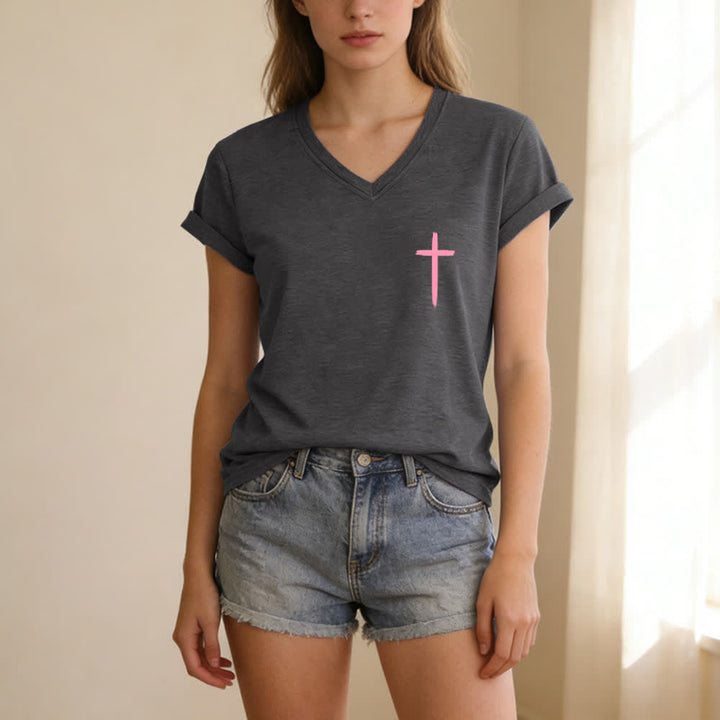 Christianartworkshop Camiseta informal con cuello en V y estampado de doble cara con la cruz "Con Dios todo es posible" (Mateo 19:26). - image 19