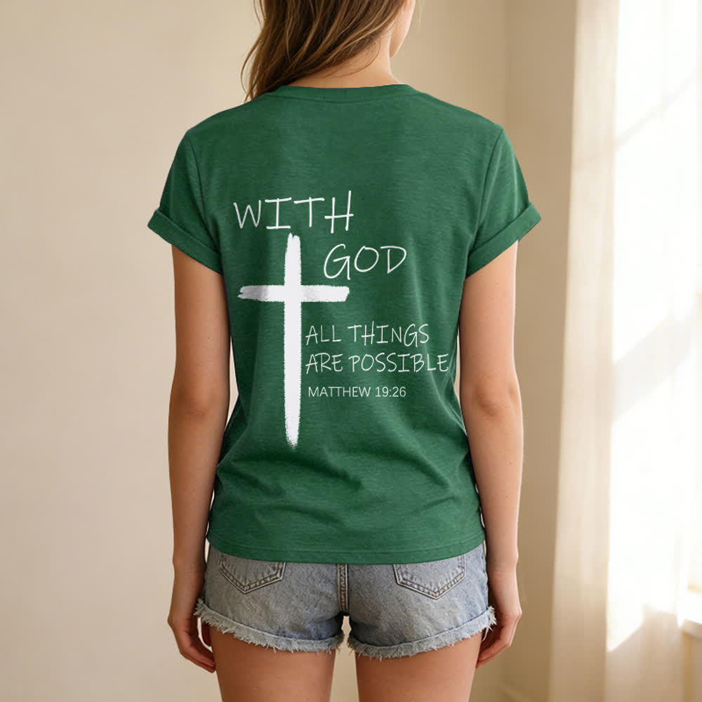Christianartworkshop Camiseta informal con cuello en V y estampado de doble cara con la cruz "Con Dios todo es posible" (Mateo 19:26). - image 28