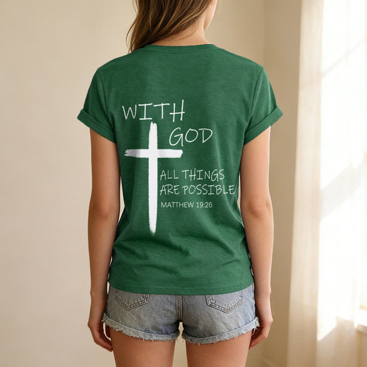 Christianartworkshop Camiseta informal con cuello en V y estampado de doble cara con la cruz "Con Dios todo es posible" (Mateo 19:26). - image 28
