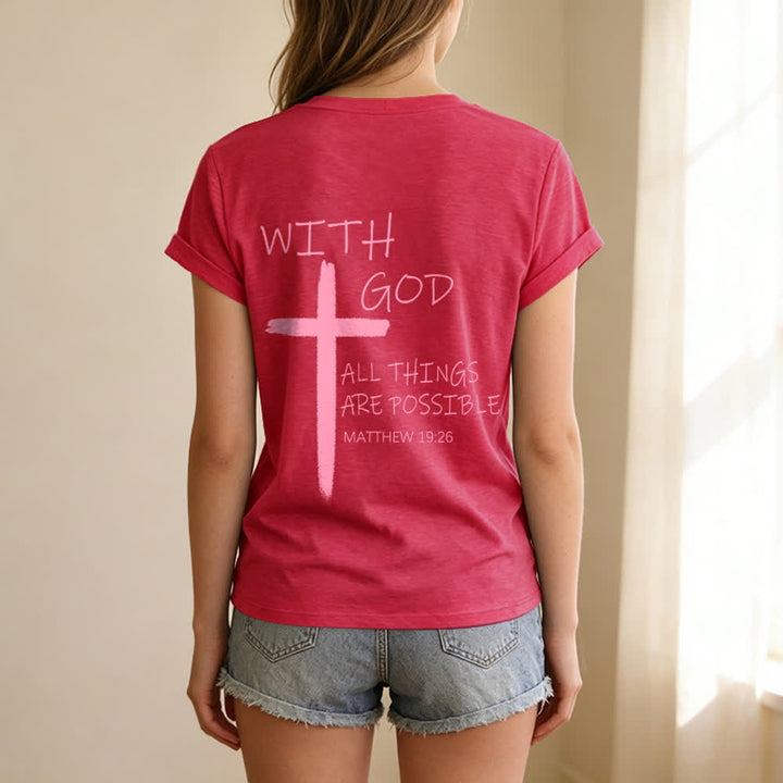 Christianartworkshop Camiseta informal con cuello en V y estampado de doble cara con la cruz "Con Dios todo es posible" (Mateo 19:26). - image 38