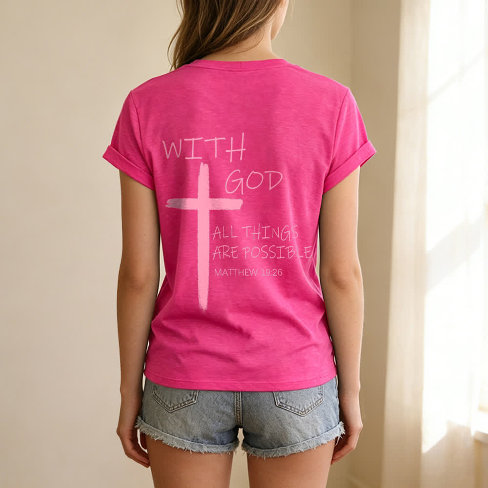 Christianartworkshop Camiseta informal con cuello en V y estampado de doble cara con la cruz "Con Dios todo es posible" (Mateo 19:26). - image 58