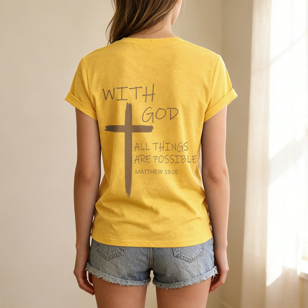 Christianartworkshop Camiseta informal con cuello en V y estampado de doble cara con la cruz "Con Dios todo es posible" (Mateo 19:26). - image 63