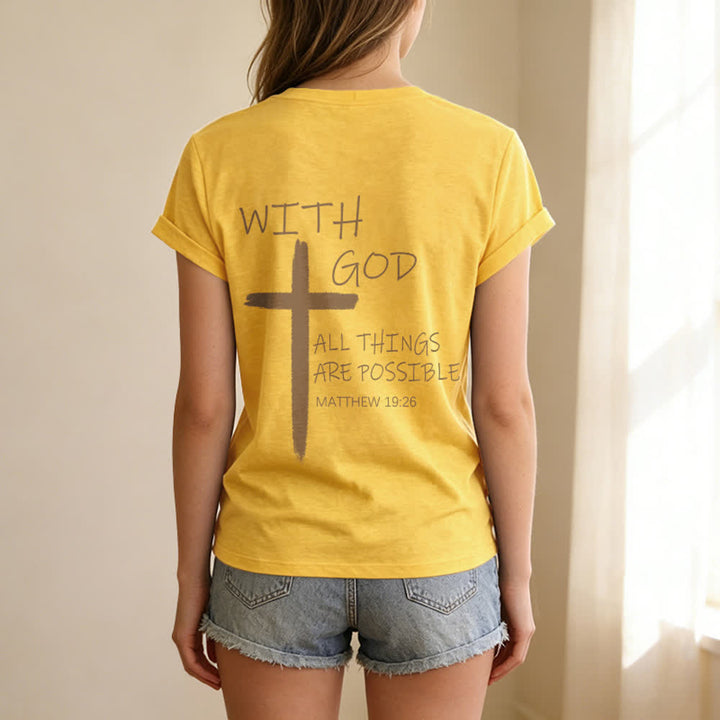 Christianartworkshop Camiseta informal con cuello en V y estampado de doble cara con la cruz "Con Dios todo es posible" (Mateo 19:26). - image 63