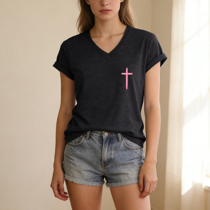 Christianartworkshop Camiseta informal con cuello en V y estampado de doble cara con la cruz "Con Dios todo es posible" (Mateo 19:26). - image 34
