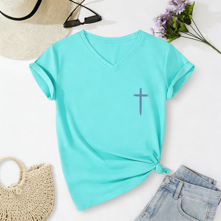 Christianartworkshop Camiseta informal con cuello en V y estampado de doble cara con la cruz "Con Dios todo es posible" (Mateo 19:26). - image 52