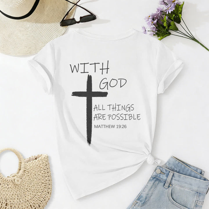 Christianartworkshop Camiseta informal con cuello en V y estampado de doble cara con la cruz "Con Dios todo es posible" (Mateo 19:26). - image 11