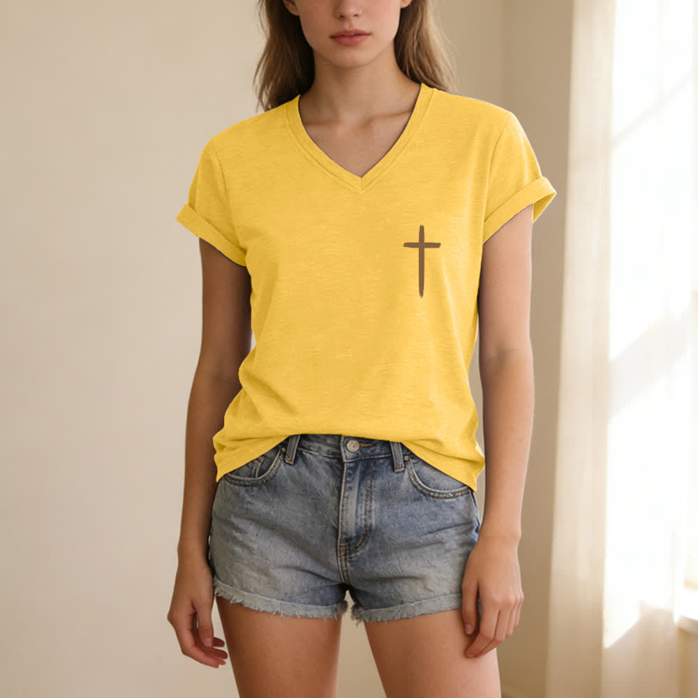Christianartworkshop Camiseta informal con cuello en V y estampado de doble cara con la cruz "Con Dios todo es posible" (Mateo 19:26). - image 64