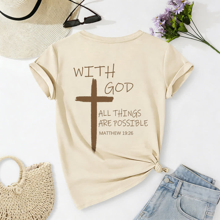 Christianartworkshop Camiseta informal con cuello en V y estampado de doble cara con la cruz "Con Dios todo es posible" (Mateo 19:26). - image 6