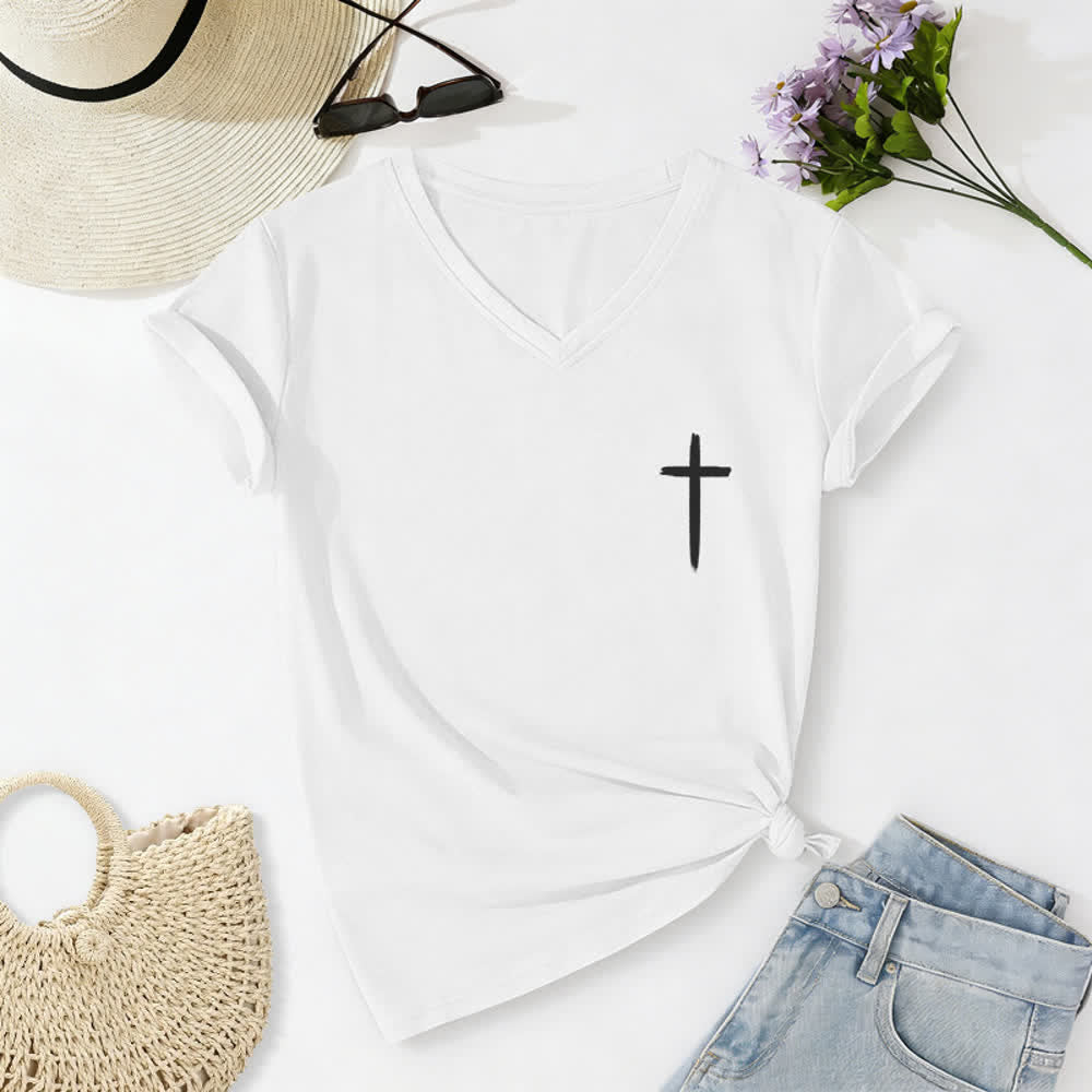Christianartworkshop Camiseta informal con cuello en V y estampado de doble cara con la cruz "Con Dios todo es posible" (Mateo 19:26). - image 12