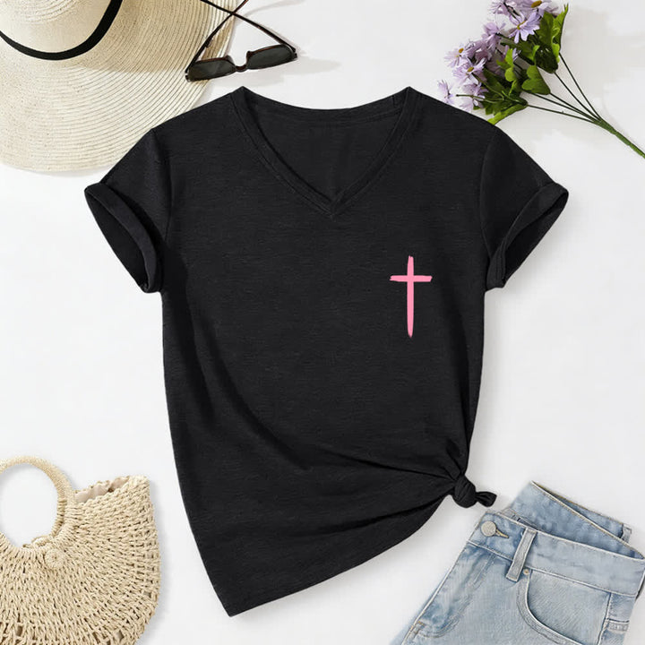 Christianartworkshop Camiseta informal con cuello en V y estampado de doble cara con la cruz "Con Dios todo es posible" (Mateo 19:26). - image 32