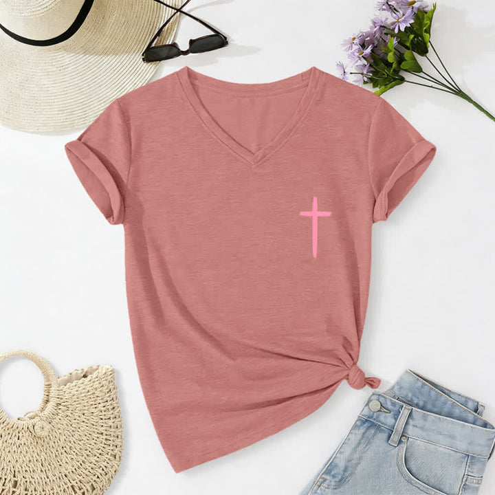 Christianartworkshop Camiseta informal con cuello en V y estampado de doble cara con la cruz "Con Dios todo es posible" (Mateo 19:26). - image 47