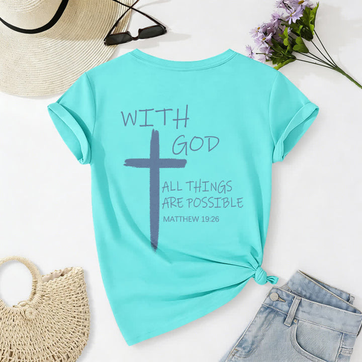 Christianartworkshop Camiseta informal con cuello en V y estampado de doble cara con la cruz "Con Dios todo es posible" (Mateo 19:26). - image 51