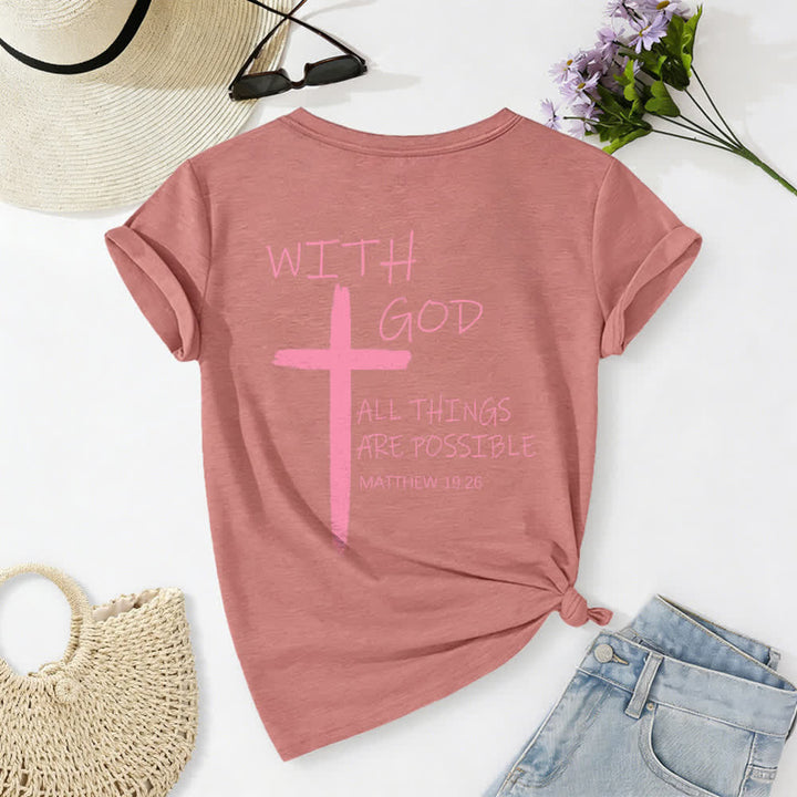 Christianartworkshop Camiseta informal con cuello en V y estampado de doble cara con la cruz "Con Dios todo es posible" (Mateo 19:26). - image 46