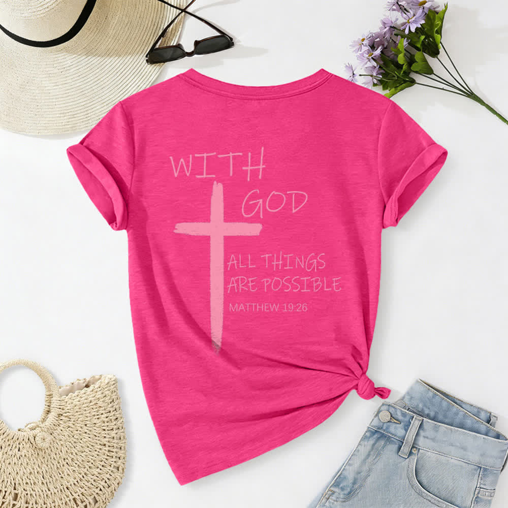 Christianartworkshop Camiseta informal con cuello en V y estampado de doble cara con la cruz "Con Dios todo es posible" (Mateo 19:26). - image 56