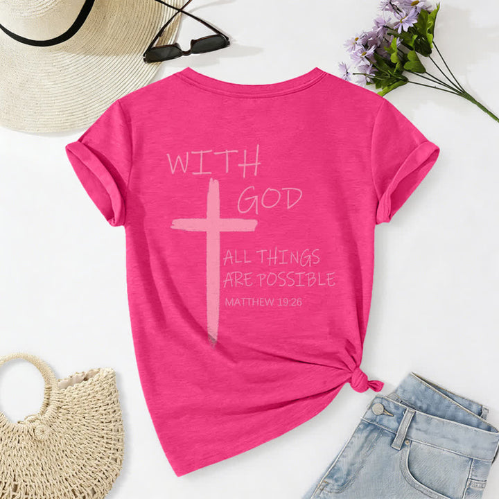 Christianartworkshop Camiseta informal con cuello en V y estampado de doble cara con la cruz "Con Dios todo es posible" (Mateo 19:26). - image 56