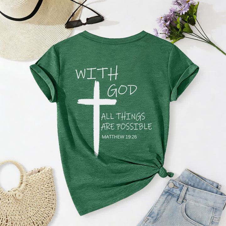 Christianartworkshop Camiseta informal con cuello en V y estampado de doble cara con la cruz "Con Dios todo es posible" (Mateo 19:26). - image 26