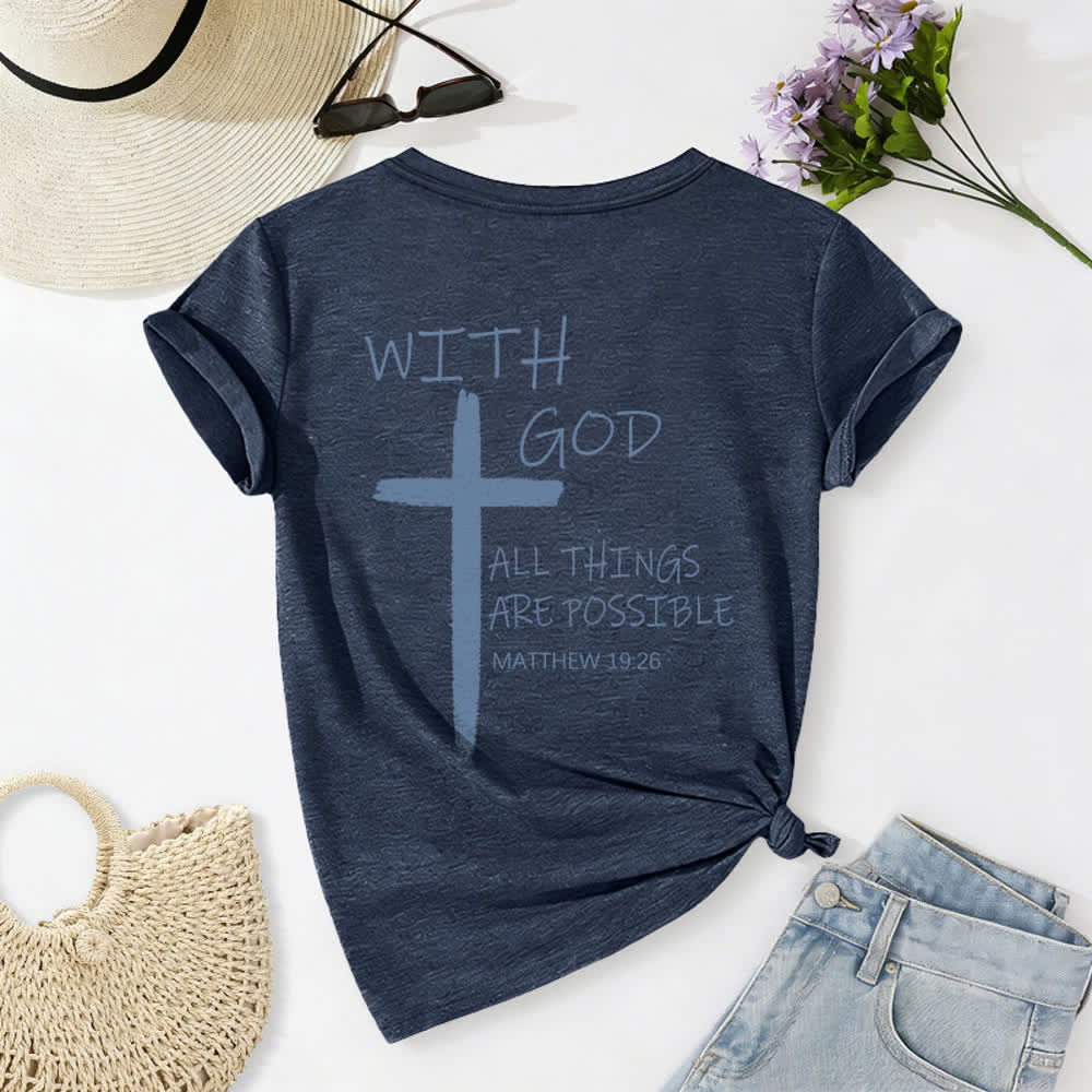 Christianartworkshop Camiseta informal con cuello en V y estampado de doble cara con la cruz "Con Dios todo es posible" (Mateo 19:26). - image 1