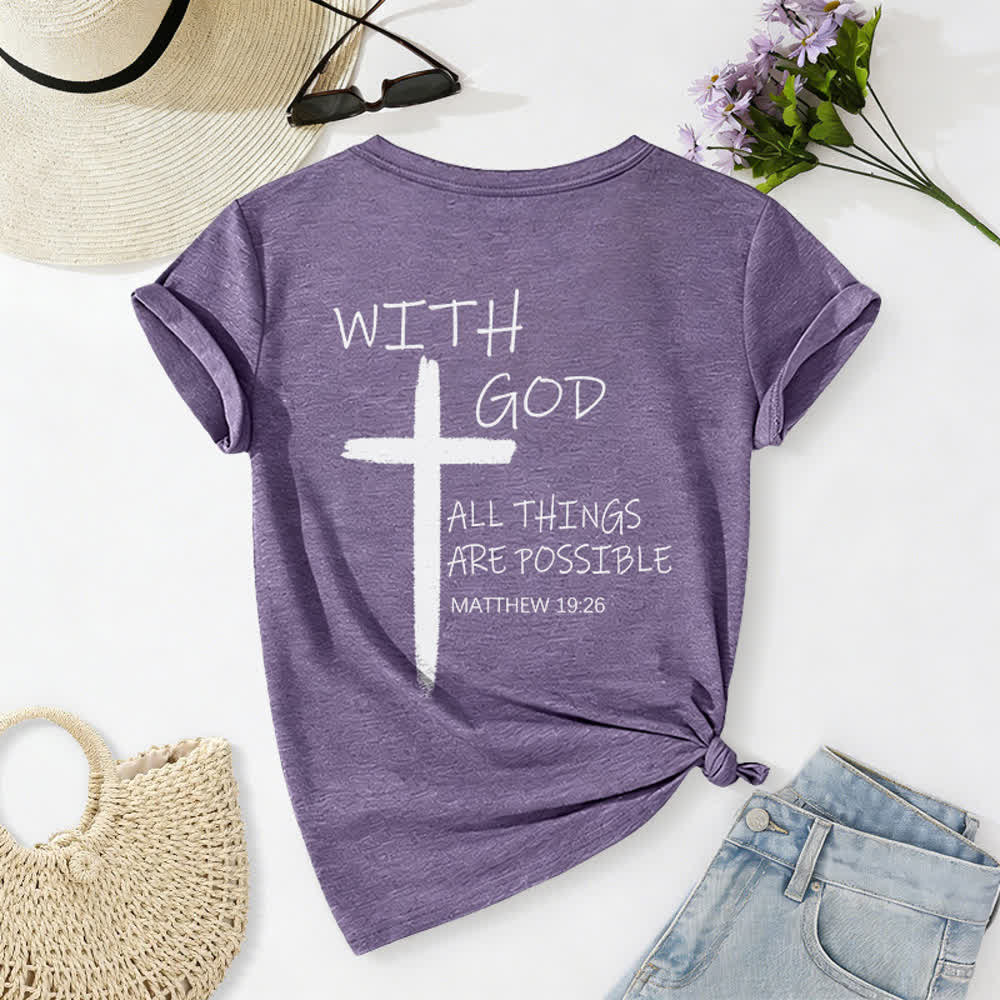 Christianartworkshop Camiseta informal con cuello en V y estampado de doble cara con la cruz "Con Dios todo es posible" (Mateo 19:26). - image 41