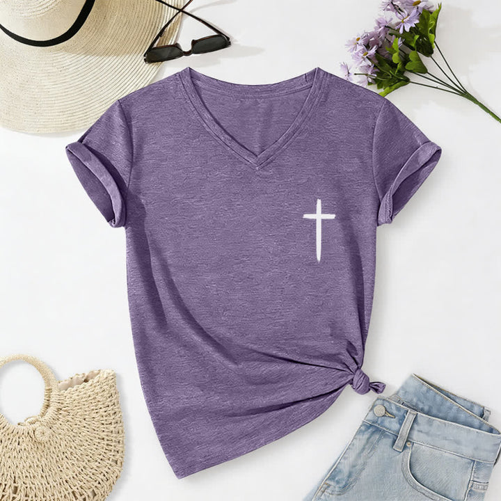 Christianartworkshop Camiseta informal con cuello en V y estampado de doble cara con la cruz "Con Dios todo es posible" (Mateo 19:26). - image 42