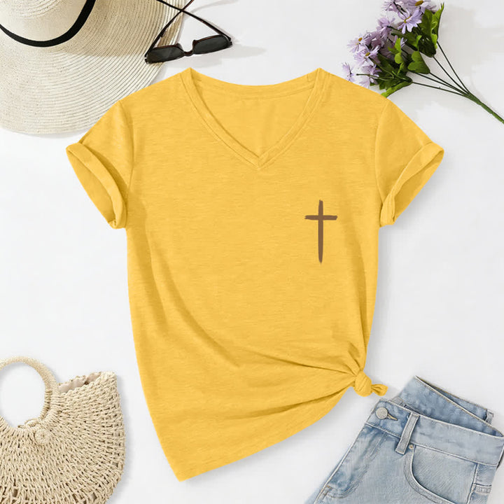Christianartworkshop Camiseta informal con cuello en V y estampado de doble cara con la cruz "Con Dios todo es posible" (Mateo 19:26). - image 62