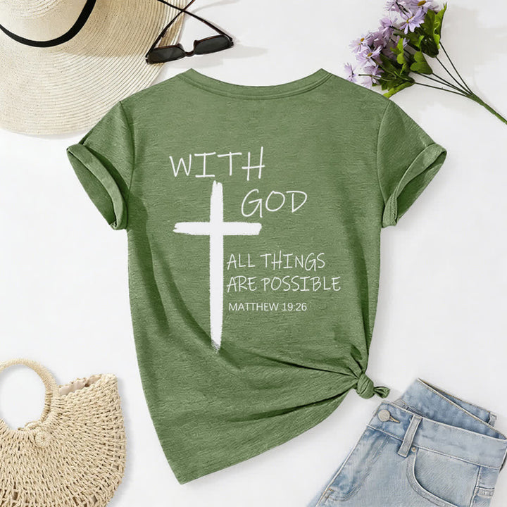 Christianartworkshop Camiseta informal con cuello en V y estampado de doble cara con la cruz "Con Dios todo es posible" (Mateo 19:26). - image 21