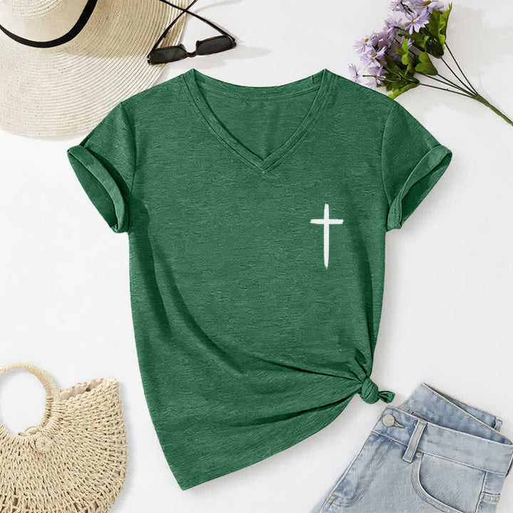 Christianartworkshop Camiseta informal con cuello en V y estampado de doble cara con la cruz "Con Dios todo es posible" (Mateo 19:26). - image 27